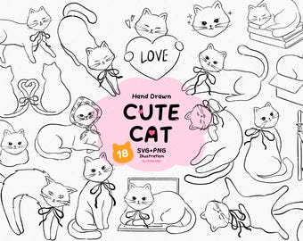 White Cat Clipart SVG PNG, Hand Drawn Cute Cat, Cartoon Kitty Illustration, Digital Download