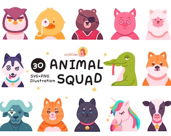 Animal Avatar Clipart, Hand Drawn Animal Characters, Digital Illustration, Cute Animal PNG SVG