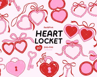 Pink Heart Locket Clipart, Vintage doodle, Valentine's Day SVG PNG, Wedding Invitations