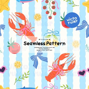 Peut inclure: Motif sans couture avec des homards, des tomates, des citrons, des nœuds et des poissons de dessin animé sur un fond rayé. Le motif comprend le texte "Seamless Pattern" et "Victoruler". Le motif est en format JPEG et PNG.