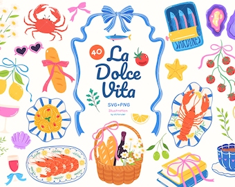 Italian La Dolce Vita Clipart Bundle SVG PNG, Mediterranean Food Illustration, Amalfi Coast Summer Pasta Lobster Lemon Graphics