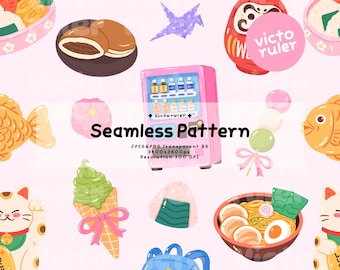 Kawaii Japan Seamless Pattern PNG, Japoński papier cyfrowy z jedzeniem, Uroczy japoński wzór, Estetyczne tło Japonii