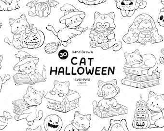 Zestaw ręcznie rysowanych klipartów z kotami na Halloween w formacie SVG PNG, kot czarownica, duch, dynia, straszne koty, grafika Doodle