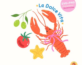 La Dolce Vita PNG SVG, Włoskie lato, Clipart z homarami, Klimat wybrzeża Amalfi, Kuchnia śródziemnomorska, Projekt sublimacji