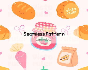 Bakery Seamless Pattern, Strawberry Jam, Bread Seamless Background, Pastel Hand Drawn Dessert Digital Paper