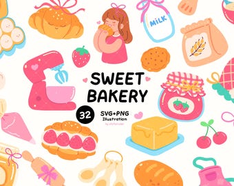 Bakery Clipart PNG, Bakery Illustration, Cute Bread Pastry Digital Download