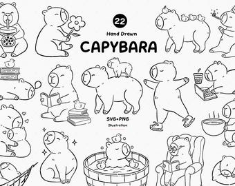 Ręcznie rysowane Kapibara clipart, Kapibara kreskówka SVG PNG, Kawaii ilustracja zwierząt, Digital Download