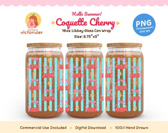 Coquette Cherry Summer Glass Can Wrap PNG, Pink Bow 16oz Libbey Sublimation Design, Retro Y2K Aesthetic, UV DTF