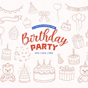 Handgezeichnete Geburtstagsparty Clipart, alles Gute zum Geburtstag SVG, Geburtstagsparty SVG, Geburtstag dekorative SVG, Illustrationen, Kritzeleien