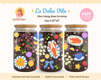 La Dolce Vita Glass Can Wrap PNG, 16oz Libbey Cup Wrap, Italian Summer, Amalfi Coast, Lobster Lemon Olive Clipart, Mediterranean Aesthetic