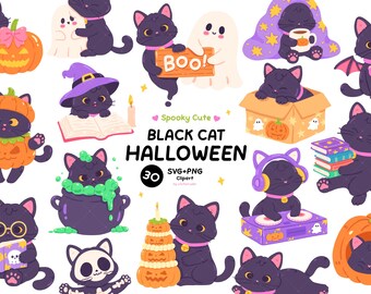 Zestaw clipartów z kotami na Halloween, czarny kot PNG SVG, kociak kawaii, duch, dynia, czarownica, straszne koty