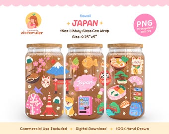Kawaii Japan Glass Can Wrap PNG, 16oz Libbey Cup Wrap, Cute Japanese Aesthetic, Japan Lover Gift, Travel Can Wrap