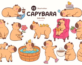 Kapibara clipartów pakiet PNG SVG, ilustracja Kawaii Kapibara, grafika zwierzęca, pobieranie cyfrowe