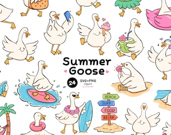 Głupia gęś letnia Clipart SVG PNG, Wakacje na plaży, Zabawna gęś, Ręcznie rysowana gęś