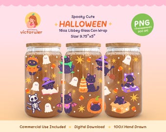 Opakowanie na puszkę szklaną z motywem kota na Halloween PNG, słodki czarny kot, dynia, duch, kociak kawaii, kot czarownica, opakowanie na kubek UV DTF