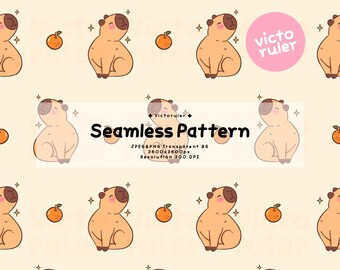 Capybara Seamless Pattern, Kawaii Animal Digital Paper, Orange Surface Design for Fabric, Repeatable Scrapbook Background, PNG JPEG Download