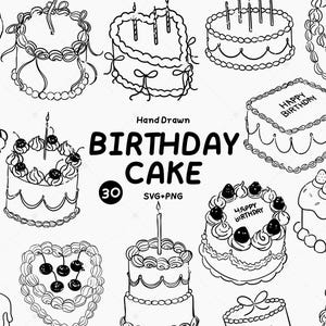 Hand drawn Birthday Cake Clipart SVG PNG, Birthday Cake Illustration, Kawaii Party Cake Digital Download