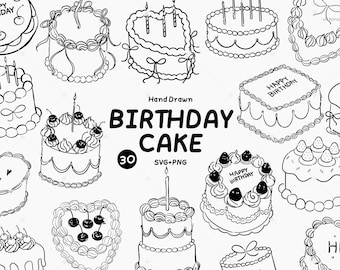 Hand drawn Birthday Cake Clipart SVG PNG, Birthday Cake Illustration, Kawaii Party Cake Digital Download