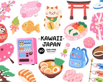 Zestaw japońskich clipartów, japońskie PNG SVG, kawaii ilustracja japońska, Sakura Sushi Ramen, pastelowa estetyka Japonii