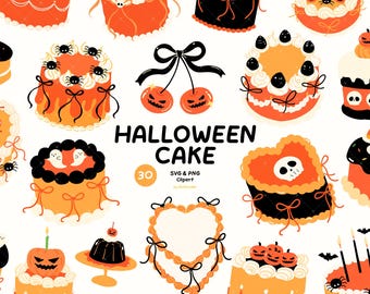 Zestaw clipartów z tortem na Halloween, upiorny tort w formacie PNG SVG, deser dyniowy Kawaii, piekarnia duchów, dekoracja na imprezę halloweenową
