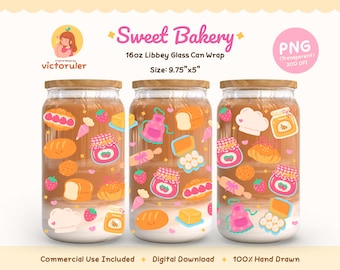 Sweet Bakery Glass Can Wrap PNG, 16oz Libbey, Tumbler Wrap, Strawberry Jam Croissant, Digital Download