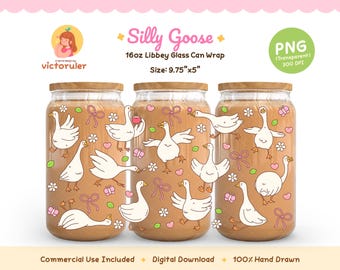 Silly Goose 16oz Libbey Glass Can Wrap PNG, Spring Flower Daisy Heart Coquette Sublimation