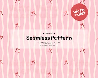 Pink Bow Seamless Pattern, Cute Ribbon Background, Girly Aesthetic Digital Paper, Pastel Stripe Pattern, Digital Download