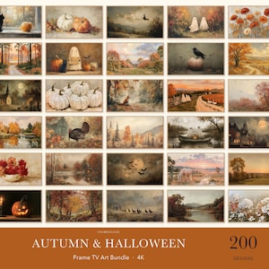 May include: A digital collection of 200 Autumn and Halloween themed artworks for Frame TV, featuring scenes of pumpkins, ghosts, fall landscapes, forests, wildlife, and seasonal flowers in a variety of painterly styles and warm color palettes.