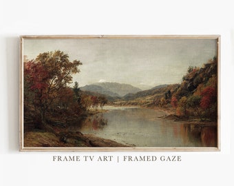 Autumn River Landscape Print | Vintage Fall Foliage Painting | Moody Forest Wall Art | Rustic Cottagecore Decor | Printable Digital Download