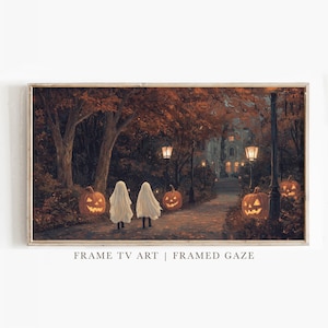 May include: Two children dressed as ghosts walk down a path lined with jack-o'-lanterns. The path leads to a house with lit windows. The scene is set in a forest with autumn leaves on the ground.