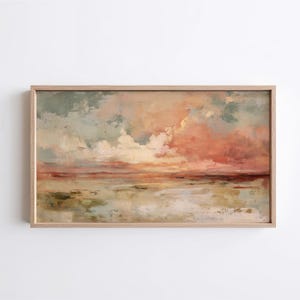 Marco de TV con paisaje abstracto de atardecer cálido, pintura costera neutra, decoración de pared en tonos pastel suaves, descarga digital