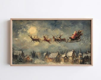 Samsung Frame TV Art | Snowy Village Santa Sleigh Painting (Digital Download)