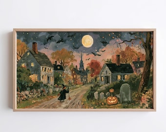 Halloween Village Scene Art | Autumn Moon, Witch, Pumpkins (Frame TV Art)