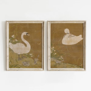 Può includere: Due stampe vintage incorniciate raffiguranti cigni bianchi e cignetti in un paesaggio sereno. L'opera d'arte ha una tavolozza di colori tenui con uno sfondo dorato, fiori bianchi e fogliame verde. Le cornici sono bianche.