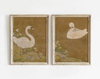 Swan Set of 2, Vintage Painting, Swan Nursery Wall Art, Digital Download