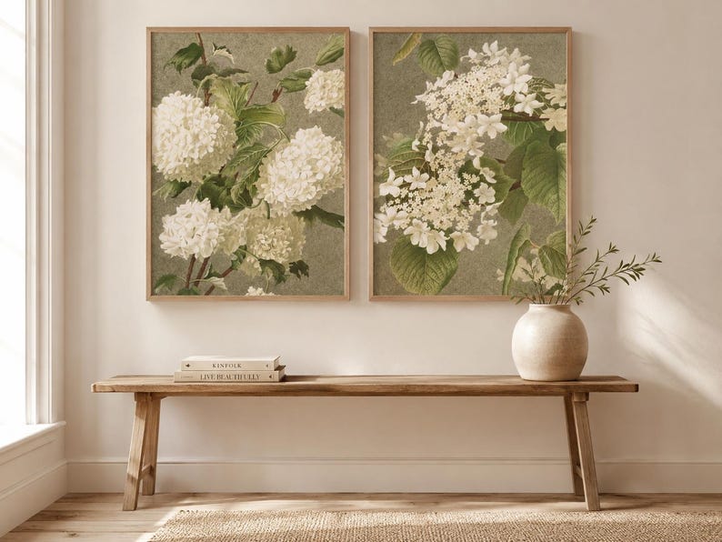 Vintage White Hydrangea Wall Art Set of 2 | Botanical Floral Printable ...