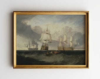 Cuadro al óleo náutico vintage para imprimir / Barcos melancólicos en el mar / Paisaje costero / Decoración marítima antigua / Descarga digital