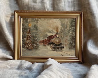 May include: A framed print of a vintage train traveling through a snowy forest. The train is red and white, with smoke billowing from its smokestack. A Christmas tree with lights is on the left. The frame is gold.