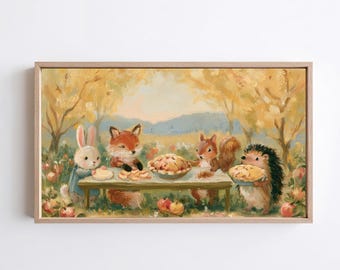 Woodland Animal Feast Frame TV Art, Whimsical Fall Folk Painting, 4K Samsung TV Download