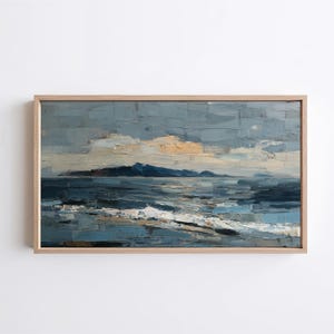 Samsung Frame TV-konst | Abstrakt blått hav impasto-landskap | Lapptäcke med havslandskap oljemålning | Modern kustkonst | Digital nedladdning