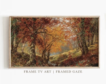 Lijst met tv-kunst, vintage herfstbosschilderij (digitale download)