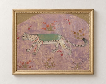 Vintage Persian Cheetah Print, Pink Animal Wall Art, Antique Manuscript Illustration, Digital Download