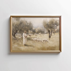 Puede incluir: Una pintura de un hombre con una túnica blanca de pie en un campo con un rebaño de ovejas. El hombre sostiene un cordero en sus brazos. El campo es verde y hay árboles en el fondo.