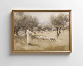 Good Shepherd Art Print | Christian Jesus With Sheep Painting | Digital Download
