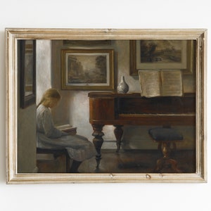 Girl Reading Painting | Vintage Wall Art | Digital Wall Art | Piano Wall Art | Antique Wall Art