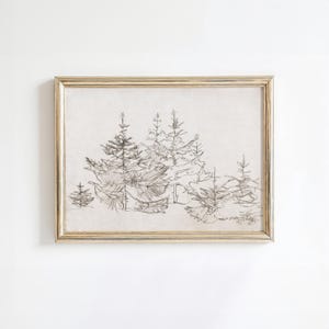 Vintage Pine Tree Sketch Art Print, Neutral Holiday Decor (Digital Download)