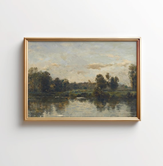Vintage River Painting | Country Landscape Muted Tones | Digital Download