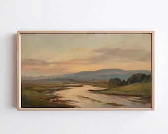 Serene River Valley | Samsung Frame TV Art | Sunset Landscape Oil Painting | Warm Pastoral Art | Digital Download