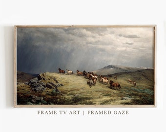 Samsung Frame TV Art | Vintage Horse Painting | Moody Countryside with Horses | Digital Download