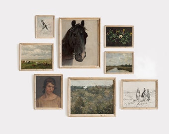 Set of 8 Prints, Vintage Wall Art, Horse Wall Art, Farmhouse Decor, Neutral Prints, Instant Download